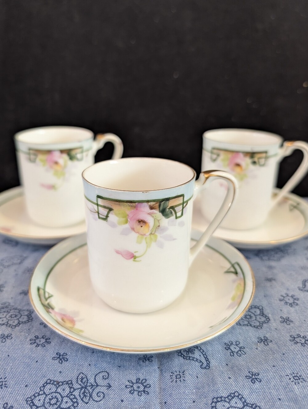 Antique Japanese Hand-painted Porcelain Demitasse/Chocolate Cups and Saucers
